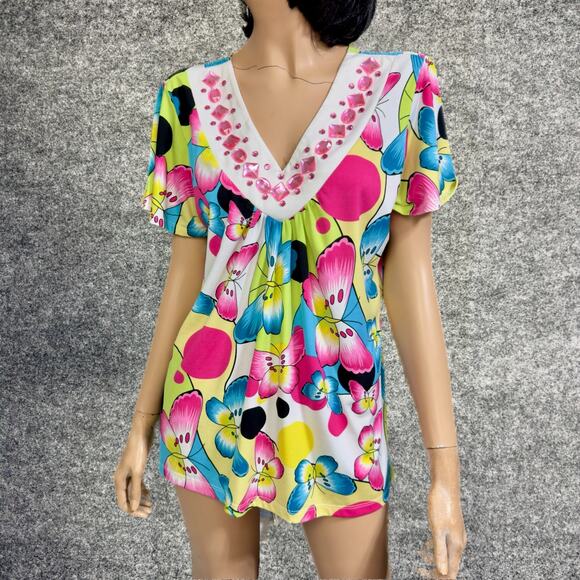 Butterfly Tunic Top Embellished Women M Flutter Sleeve Slinky Knit Whimsy Fairy - Picture 5 of 11